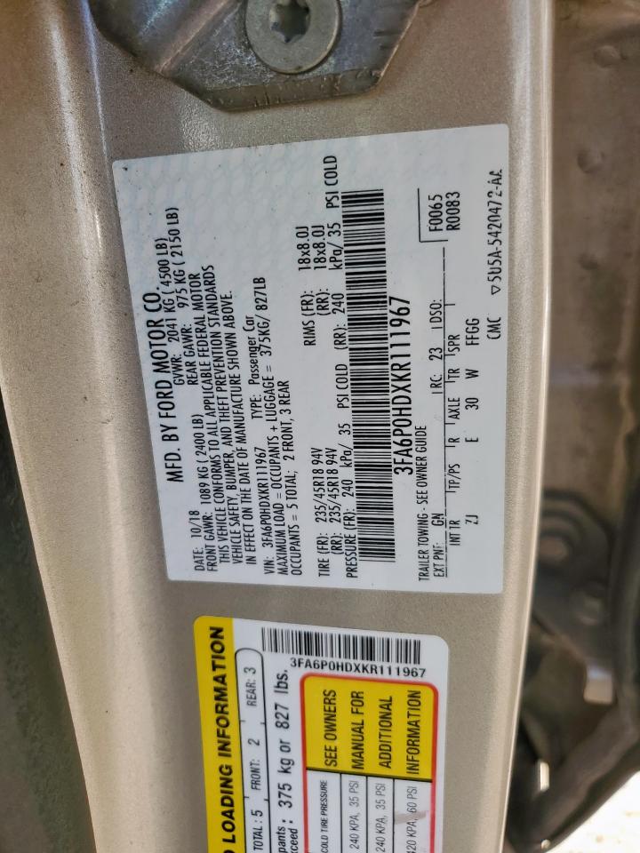 2019 Ford Fusion Se VIN: 3FA6P0HDXKR111967 Lot: 83976705