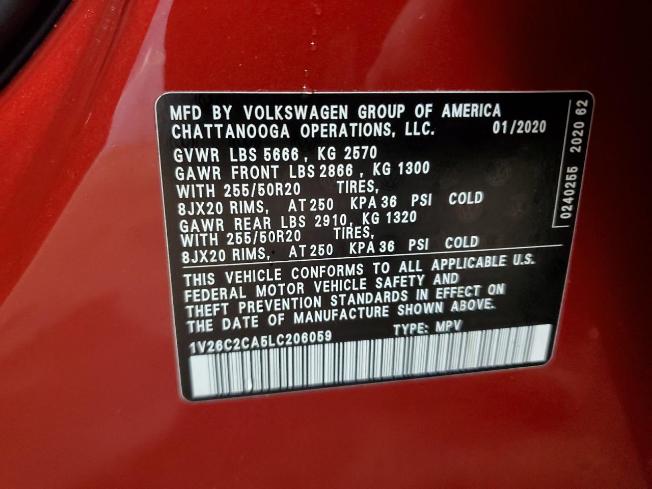 2020 Volkswagen Atlas Cross Sport Se VIN: 1V26C2CA5LC206059 Lot: 82092245