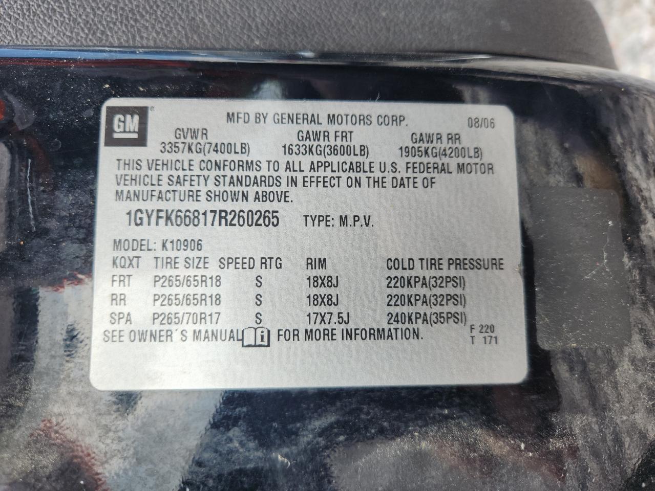 2007 Cadillac Escalade Esv VIN: 1GYFK66817R260265 Lot: 70755915