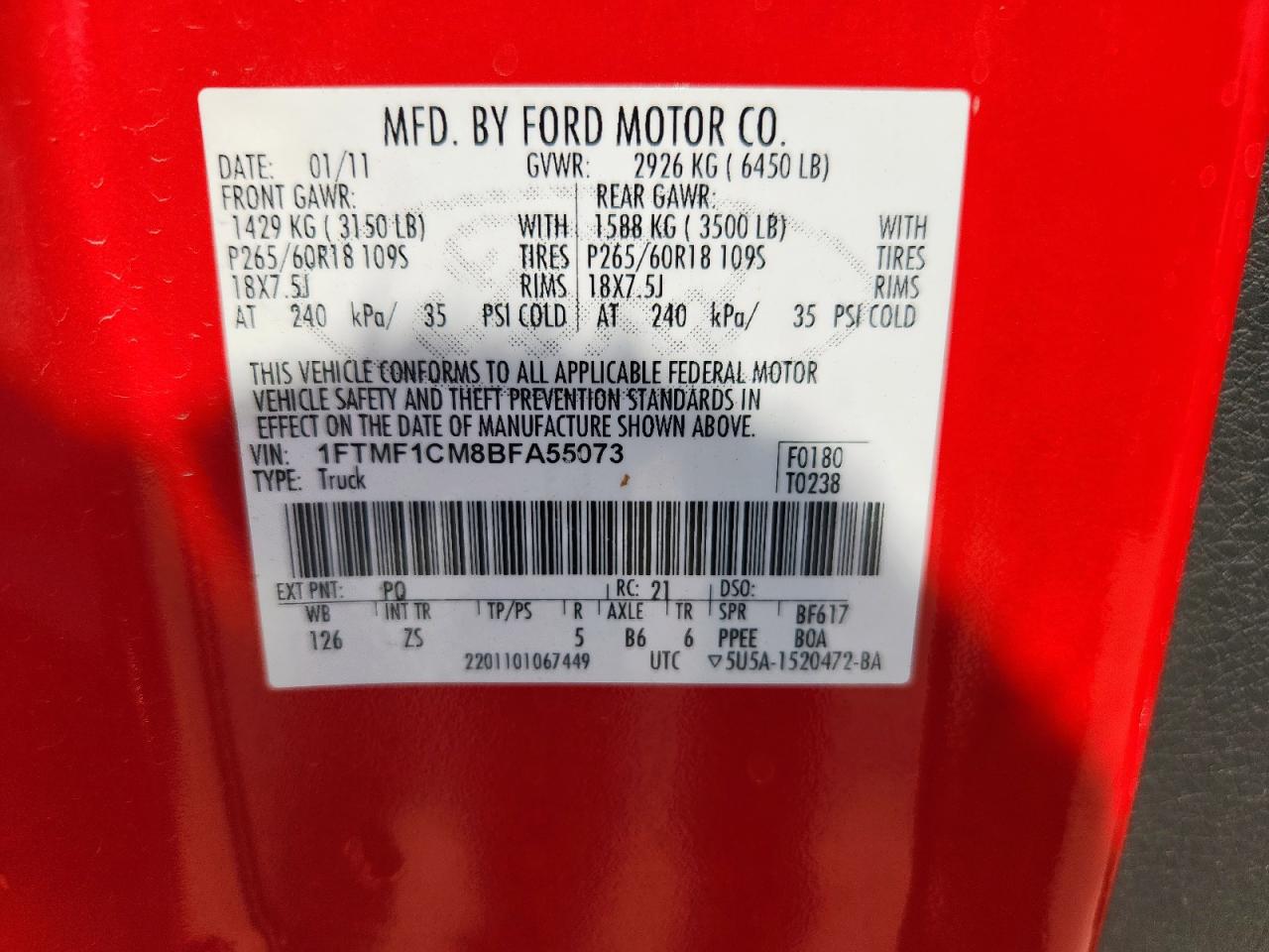 2011 Ford F150 VIN: 1FTMF1CM8BFA55073 Lot: 80463505