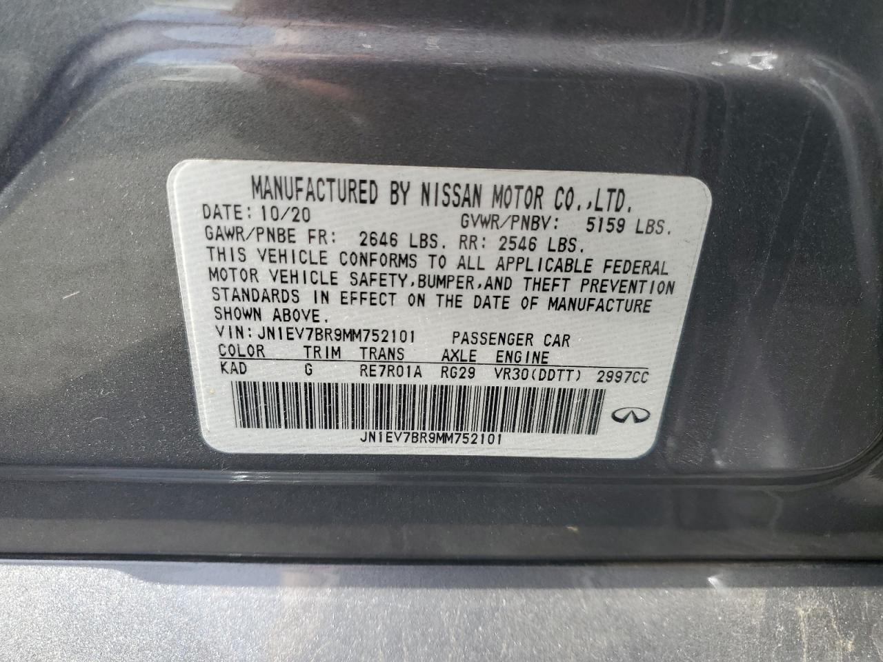 2021 Infiniti Q50 Luxe VIN: JN1EV7BR9MM752101 Lot: 82104985