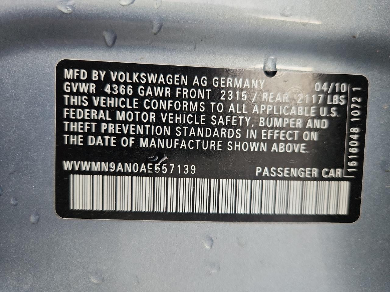 2010 Volkswagen Cc Sport VIN: WVWMN9AN0AE557139 Lot: 71931805