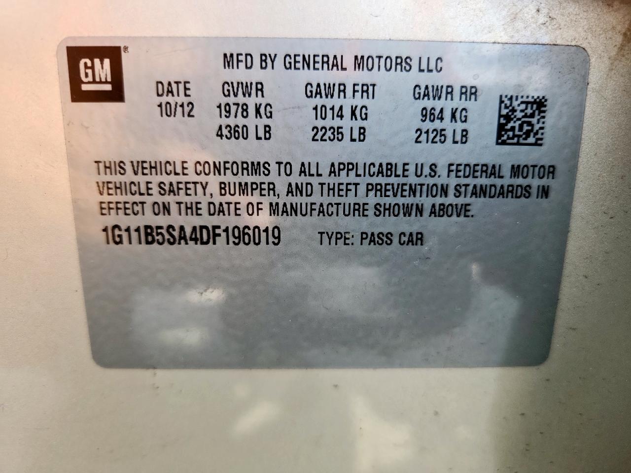 2013 Chevrolet Malibu Ls VIN: 1G11B5SA4DF196019 Lot: 72068885