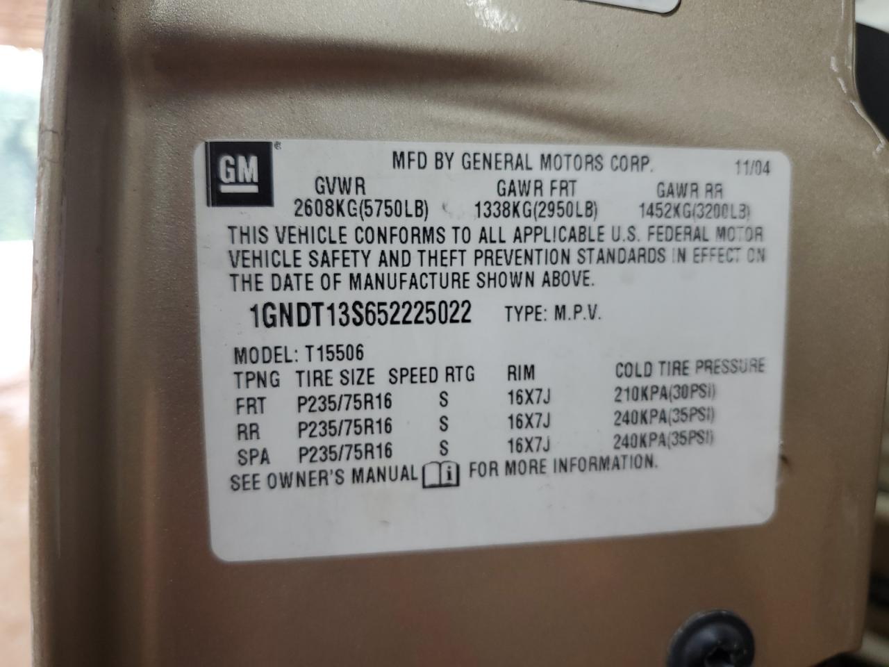 2005 Chevrolet Trailblazer Ls VIN: 1GNDT13S652225022 Lot: 71412175