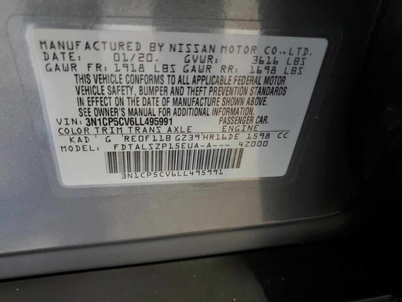 2020 Nissan Kicks Sv VIN: 3N1CP5CV6LL495991 Lot: 71229235