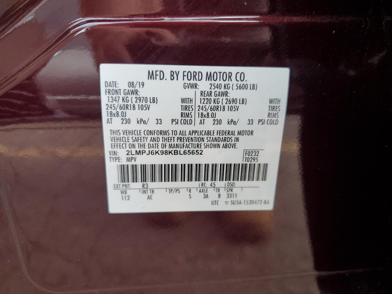 2019 Lincoln Nautilus Select VIN: 2LMPJ6K98KBL65652 Lot: 81492895