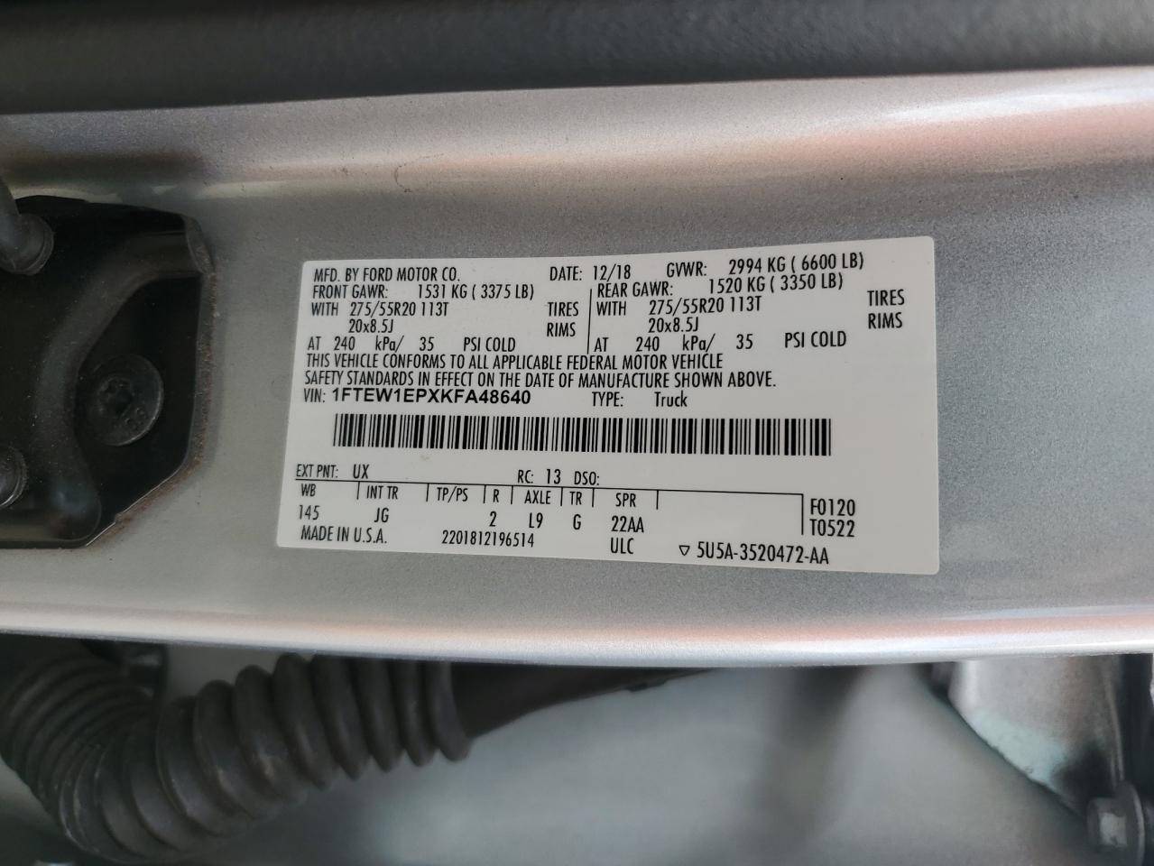 2019 Ford F150 Supercrew VIN: 1FTEW1EPXKFA48640 Lot: 81245545