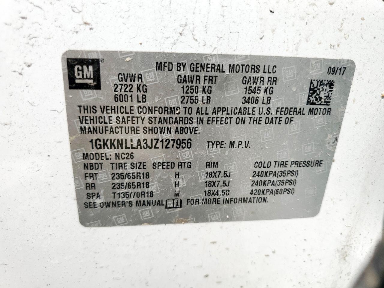 2018 GMC Acadia Sle VIN: 1GKKNLLA3JZ127956 Lot: 71593975