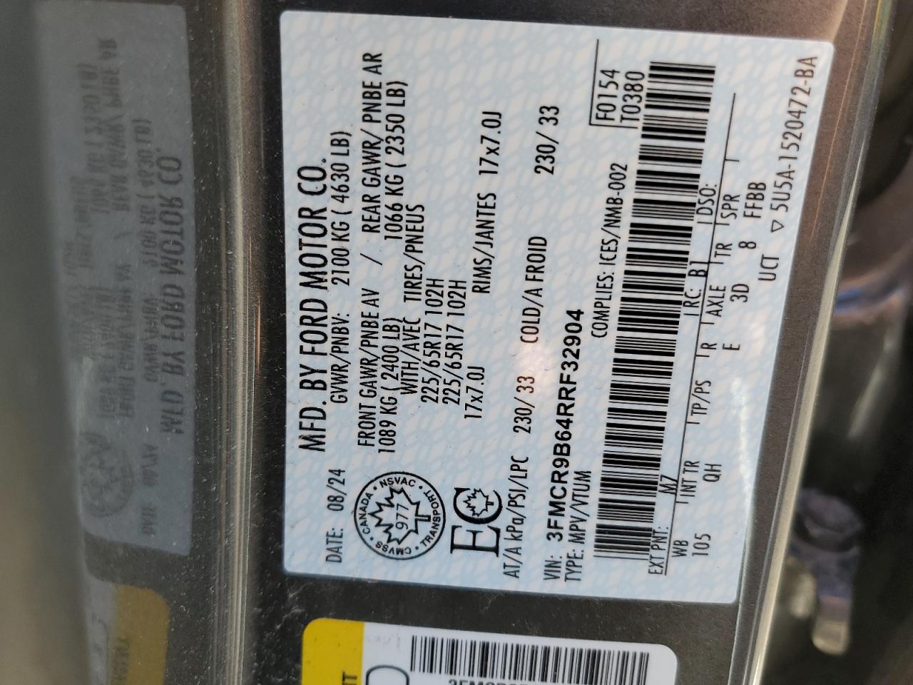 2024 Ford Bronco Sport Big Bend VIN: 3FMCR9B64RRF32904 Lot: 71179295