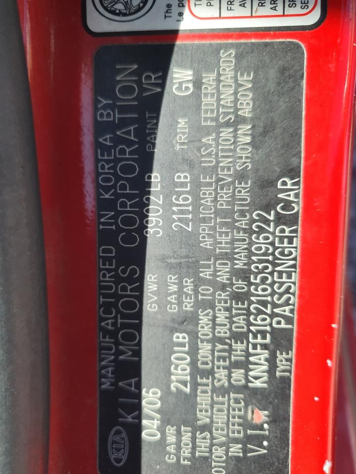 2006 Kia Spectra5 VIN: KNAFE162165319622 Lot: 82078615