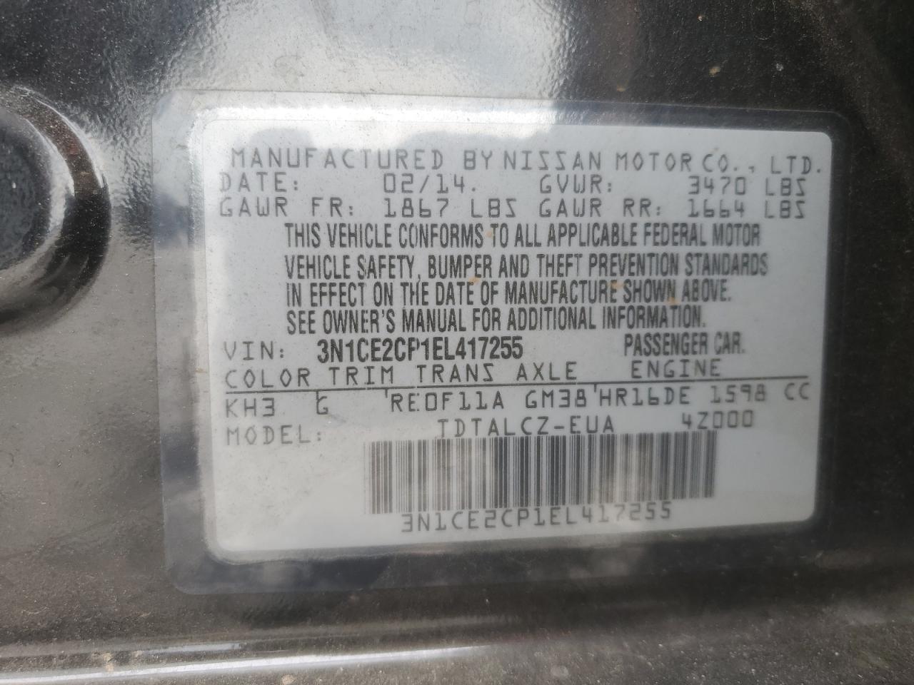 2014 Nissan Versa Note S VIN: 3N1CE2CP1EL417255 Lot: 85118555