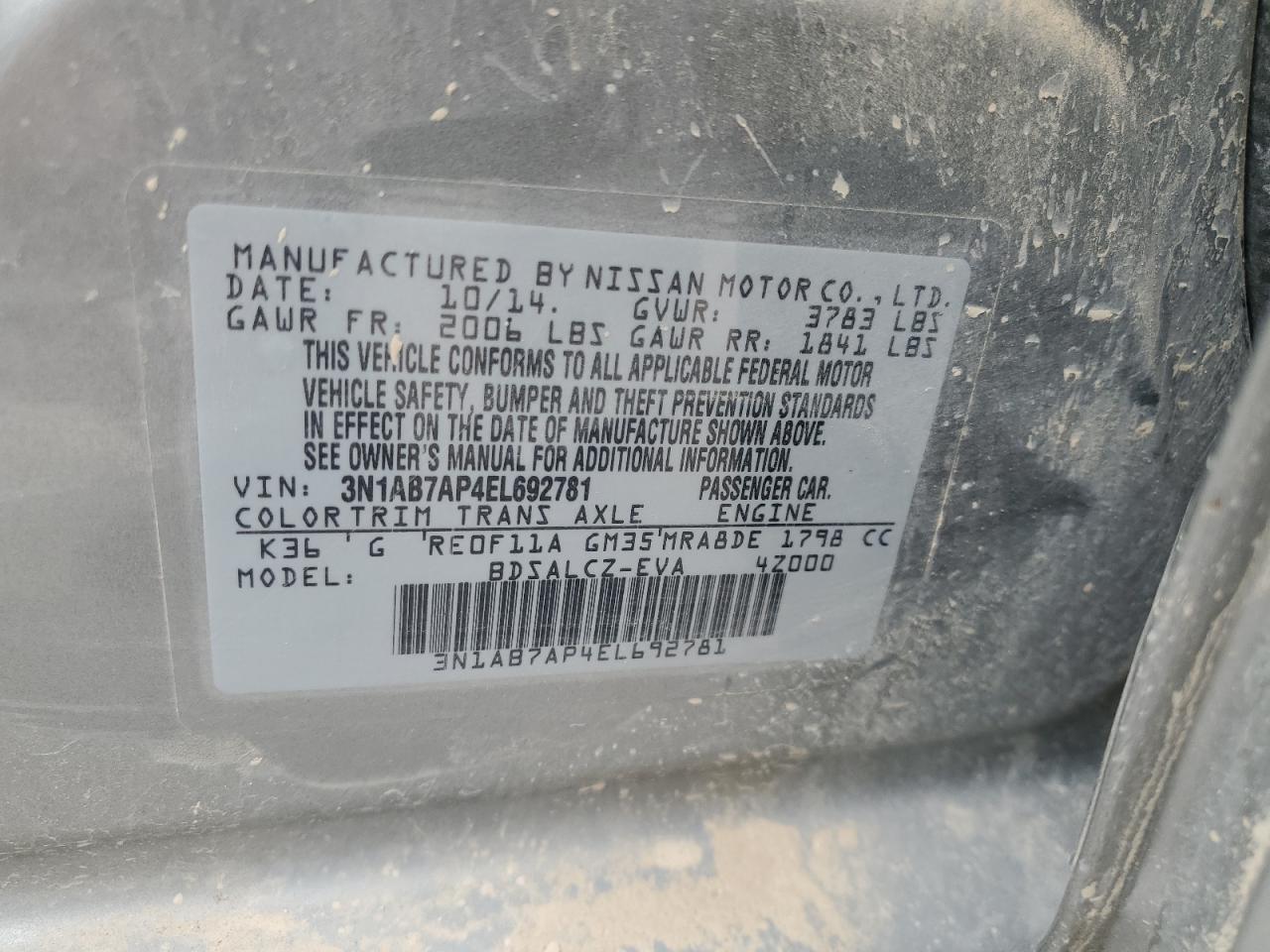 2014 Nissan Sentra S VIN: 3N1AB7AP4EL692781 Lot: 80929385