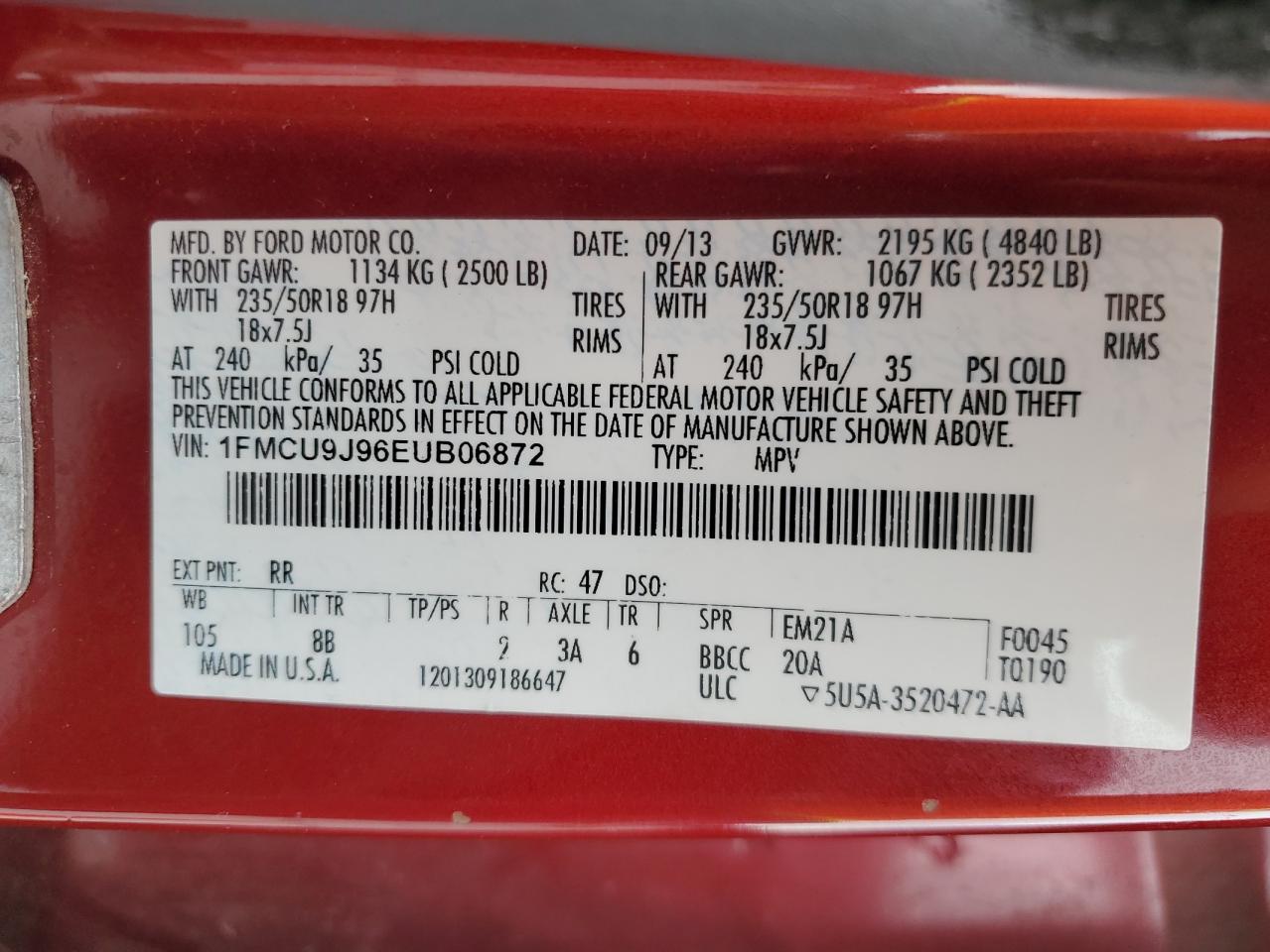 2014 Ford Escape Titanium VIN: 1FMCU9J96EUB06872 Lot: 82041515