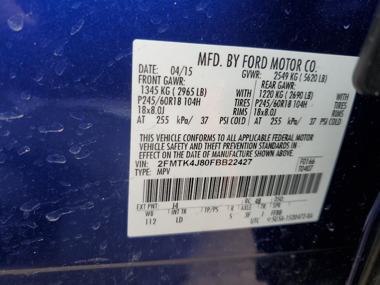 2015 Ford Edge Sel VIN: 2FMTK4J80FBB22427 Lot: 81049715