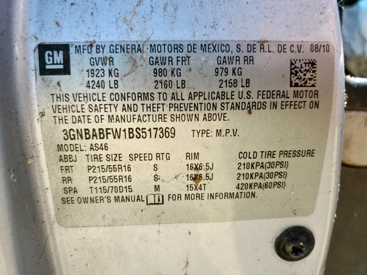2011 Chevrolet Hhr Lt VIN: 3GNBABFW1BS517369 Lot: 81684575