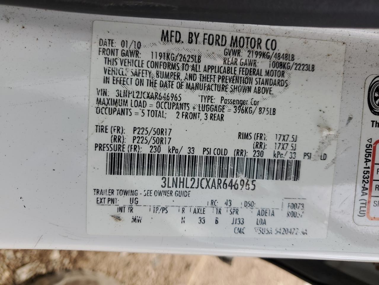 2010 Lincoln Mkz VIN: 3LNHL2JCXAR646965 Lot: 71554645