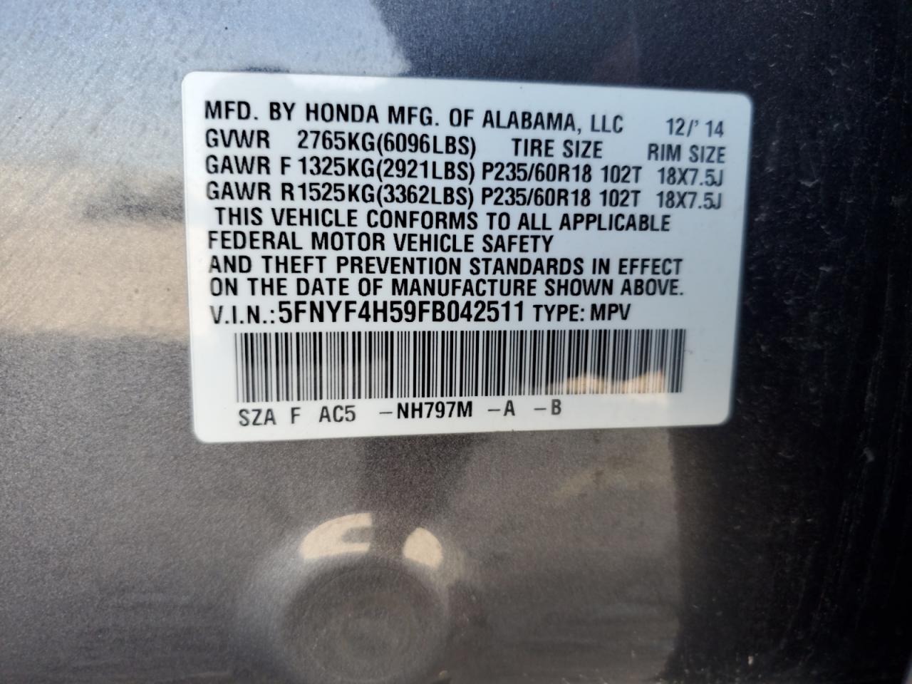 2015 Honda Pilot Exl VIN: 5FNYF4H59FB042511 Lot: 84526995