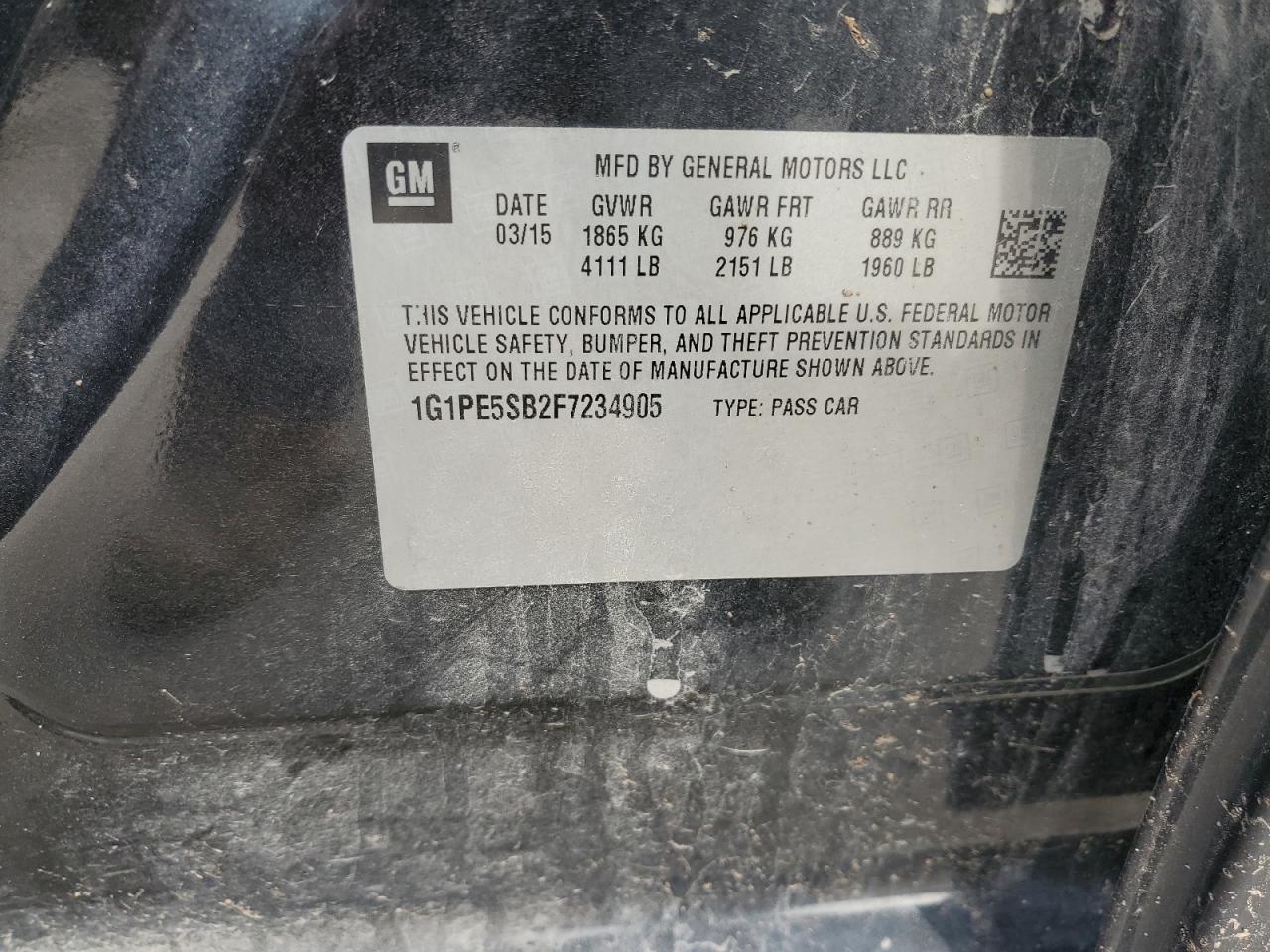 2015 Chevrolet Cruze Lt VIN: 1G1PE5SB2F7234905 Lot: 82081715