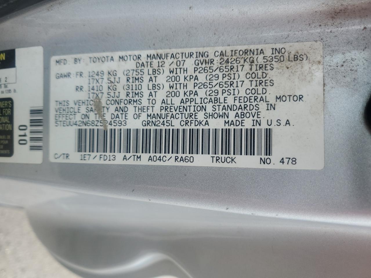 2008 Toyota Tacoma Access Cab VIN: 5TEUU42N68Z524593 Lot: 80664425