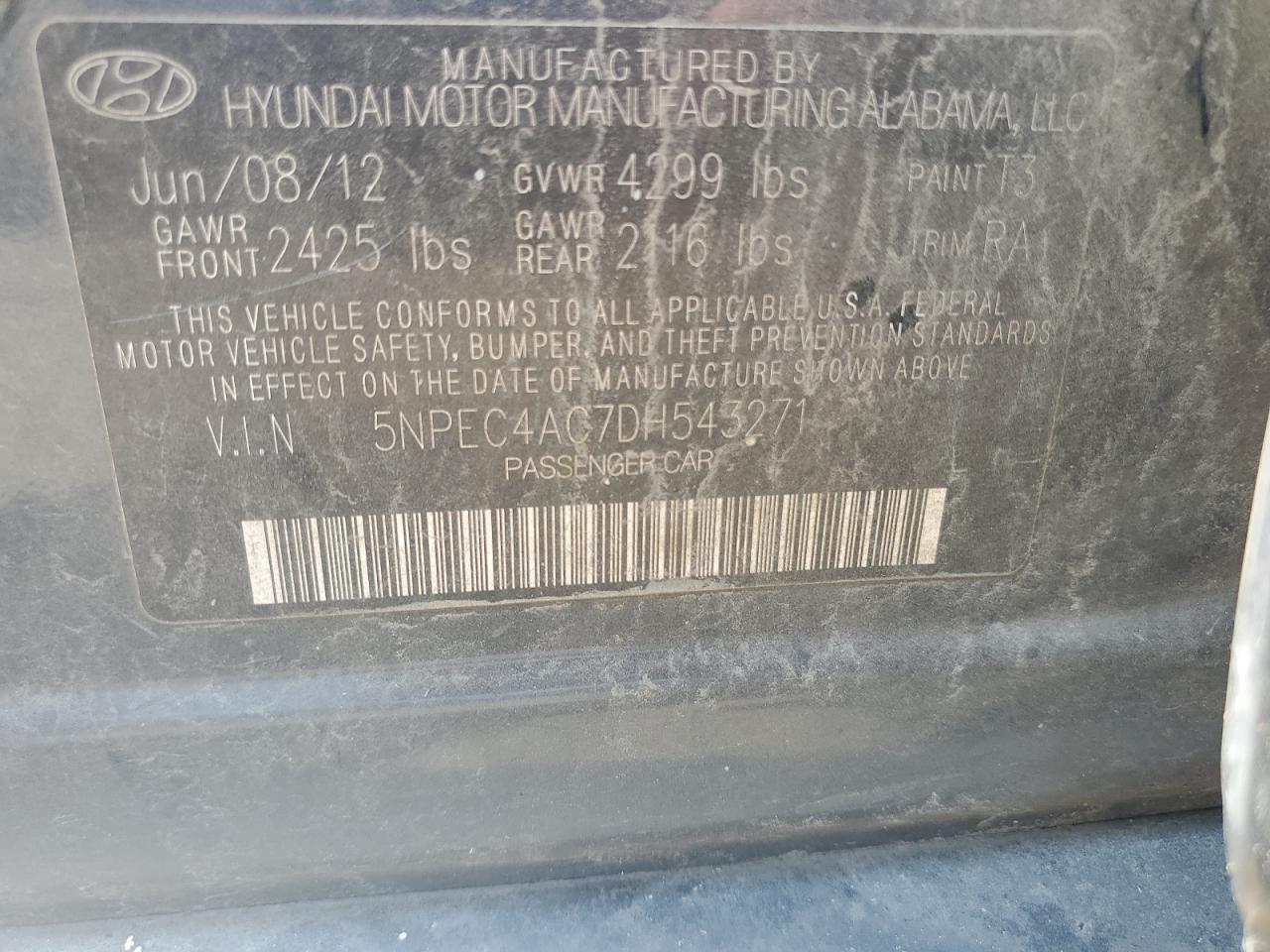 2013 Hyundai Sonata Se VIN: 5NPEC4AC7DH543271 Lot: 80468265