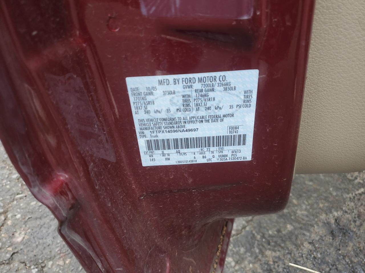 2006 Ford F150 VIN: 1FTPX14596NA49697 Lot: 84584095