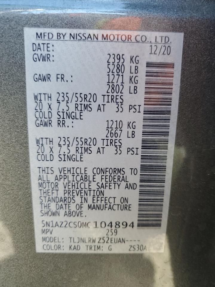 2021 Nissan Murano Sl VIN: 5N1AZ2CS0MC104894 Lot: 84038555