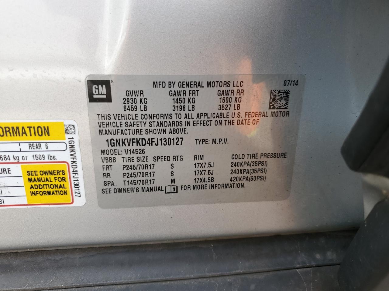 2015 Chevrolet Traverse Ls VIN: 1GNKVFKD4FJ130127 Lot: 81516885