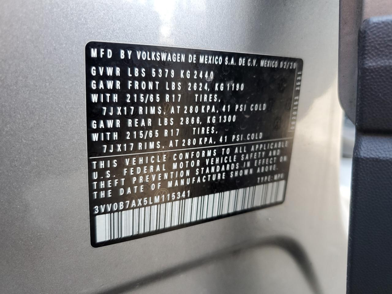2020 Volkswagen Tiguan S VIN: 3VV0B7AX5LM115341 Lot: 80910485