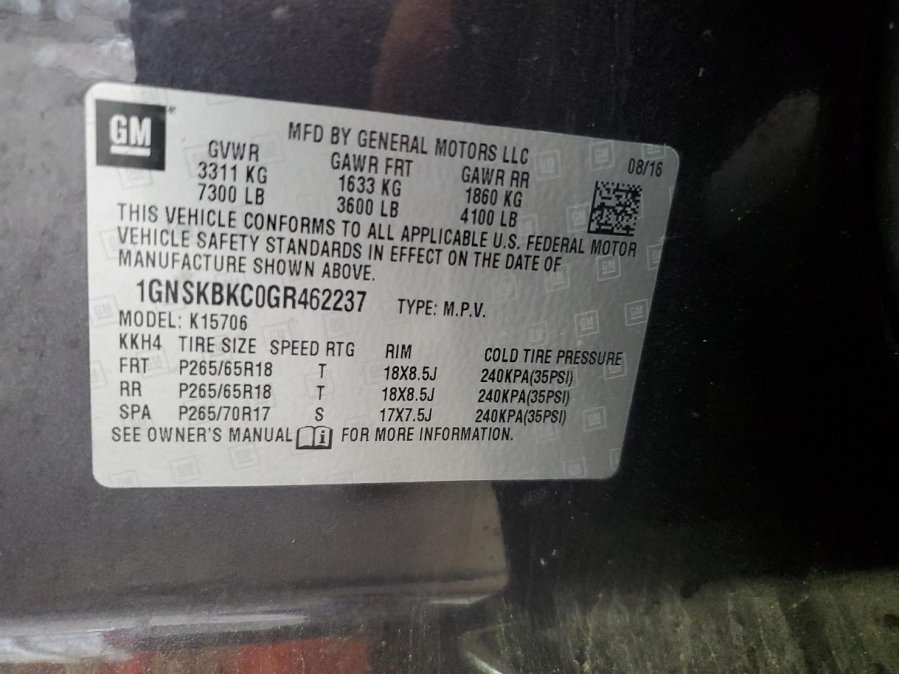 2016 Chevrolet Tahoe K1500 Lt VIN: 1GNSKBKC0GR462237 Lot: 70754155