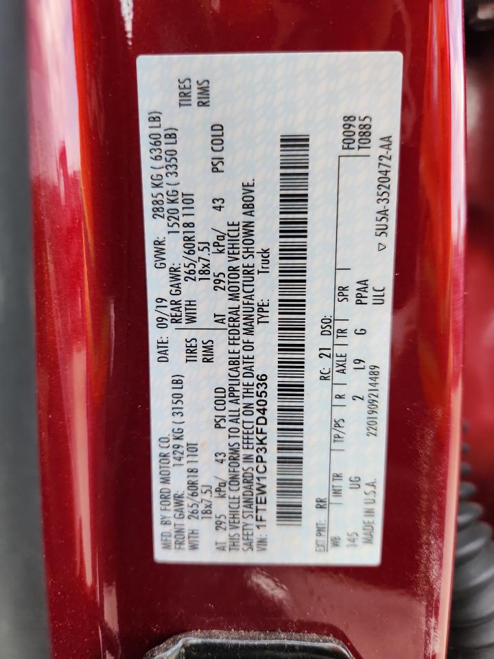 2019 Ford F150 Supercrew VIN: 1FTEW1CP3KFD40536 Lot: 71777045