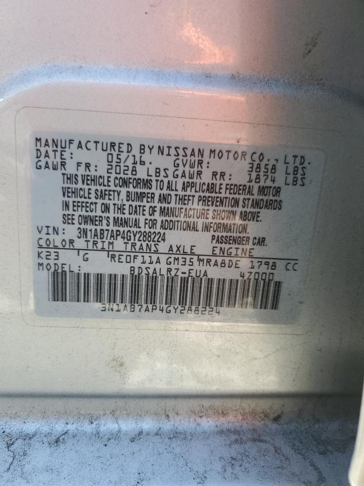 2016 Nissan Sentra S VIN: 3N1AB7AP4GY288224 Lot: 71652935