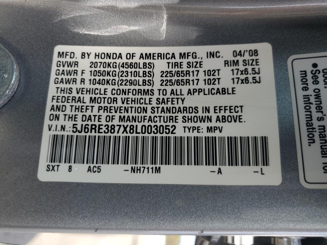 2008 Honda Cr-V Exl VIN: 5J6RE387X8L003052 Lot: 80157585