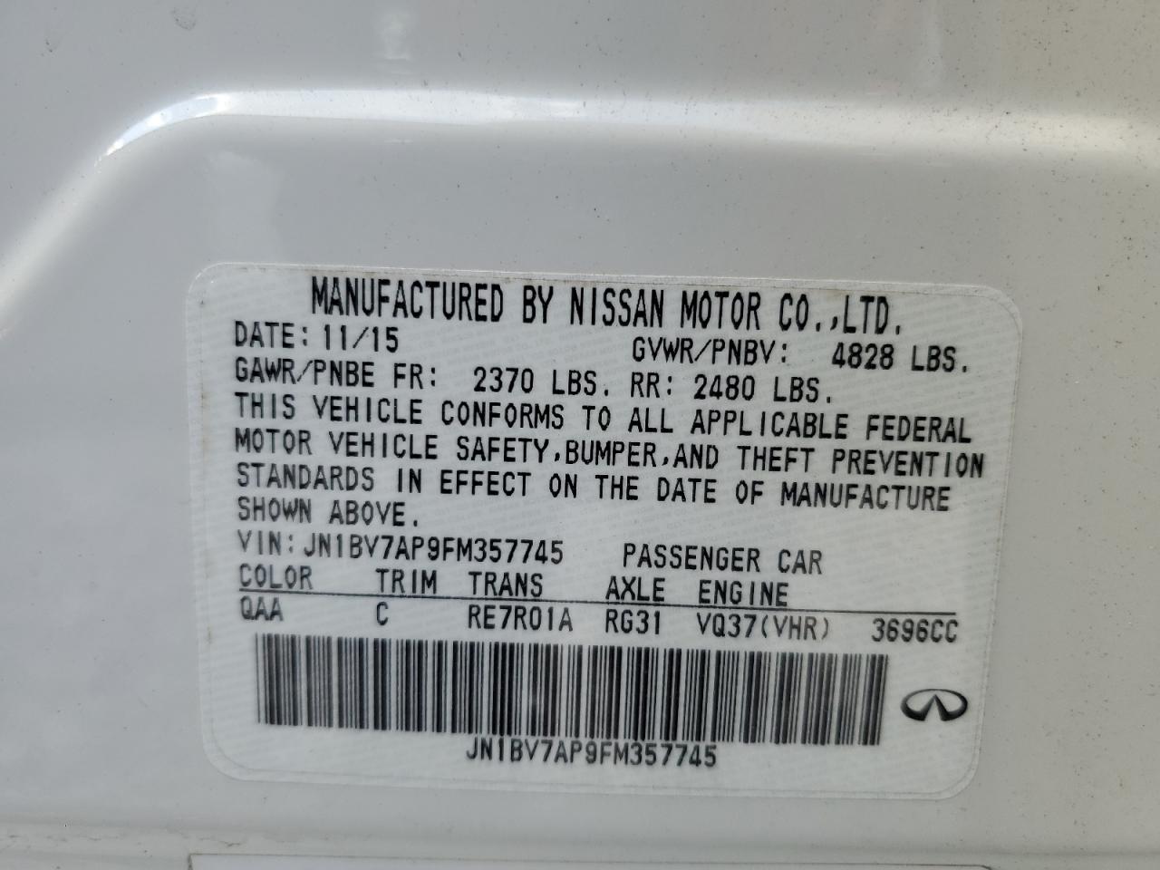 2015 Infiniti Q50 Base VIN: JN1BV7AP9FM357745 Lot: 80922595