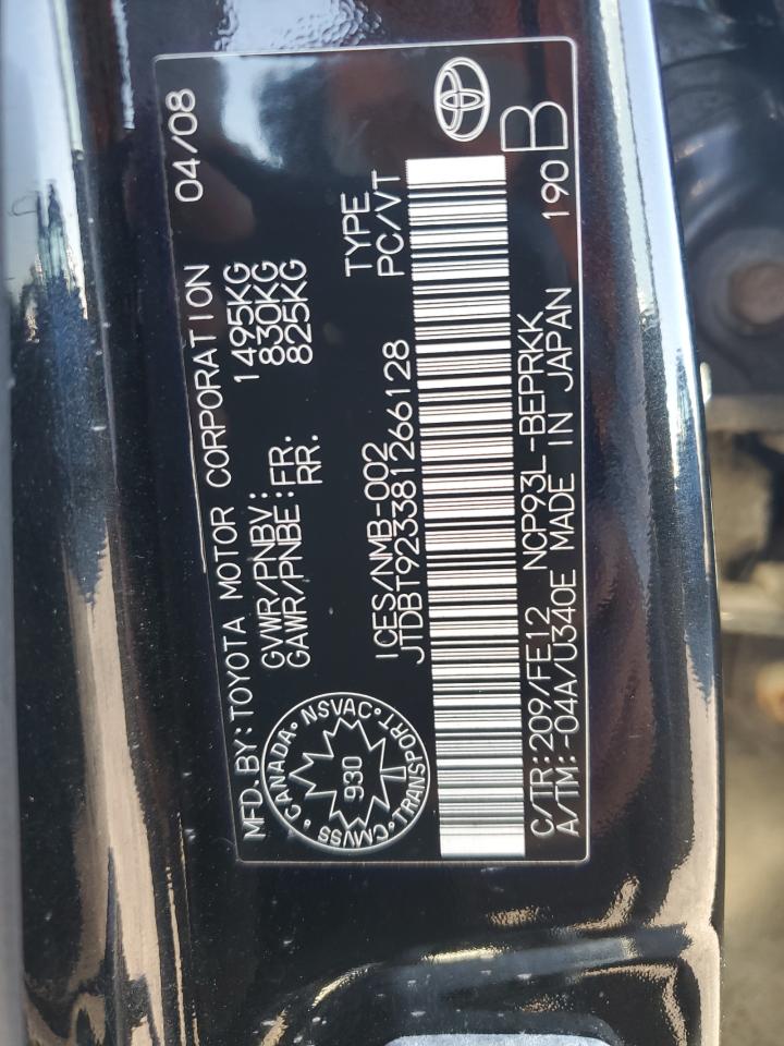 2008 Toyota Yaris VIN: JTDBT923381266128 Lot: 81923345