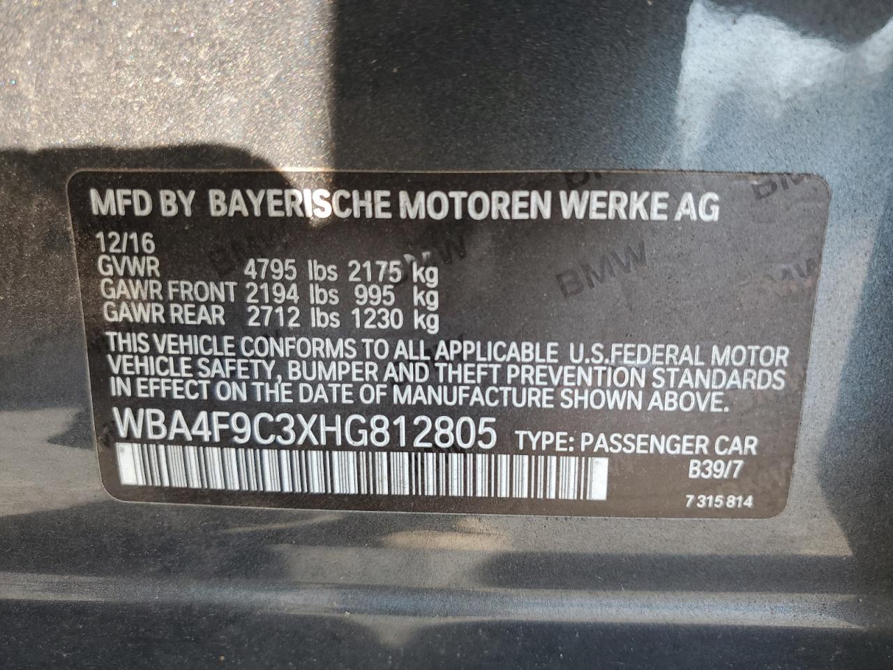 2017 BMW 430Xi Gran Coupe VIN: WBA4F9C3XHG812805 Lot: 81124875