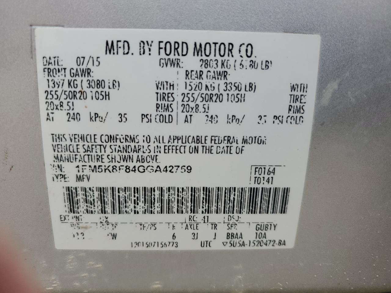 2016 Ford Explorer Limited VIN: 1FM5K8F84GGA42759 Lot: 81321595