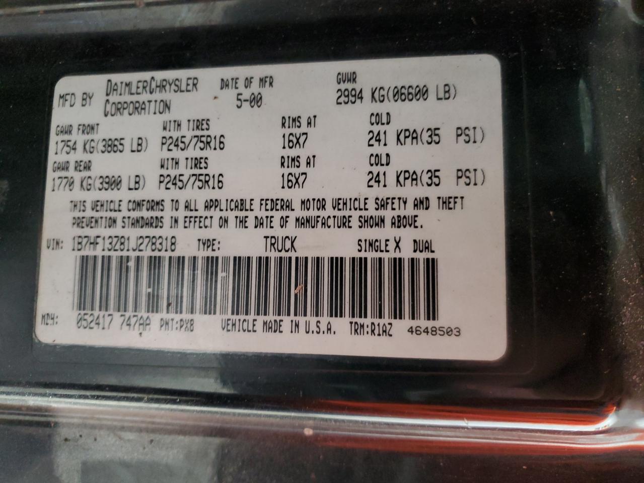 2001 Dodge Ram 1500 VIN: 1B7HF13Z81J278318 Lot: 80915145