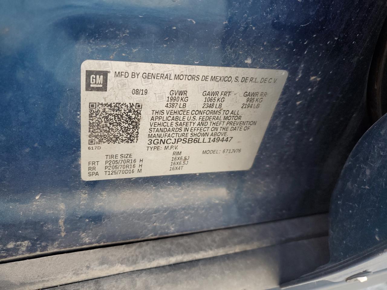 2020 Chevrolet Trax 1Lt VIN: 3GNCJPSB6LL149447 Lot: 80290235