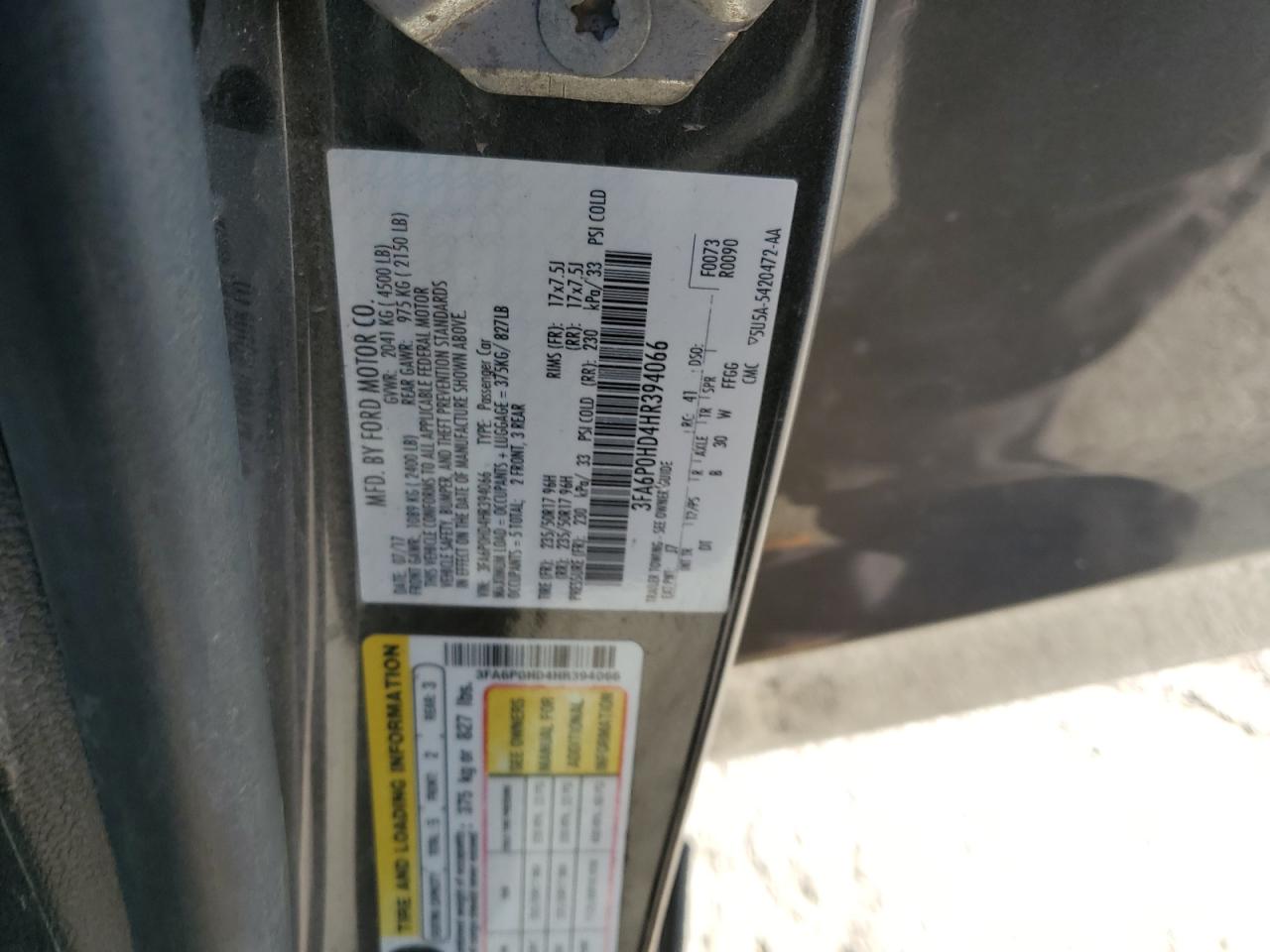 2017 Ford Fusion Se VIN: 3FA6P0HD4HR394066 Lot: 84885525