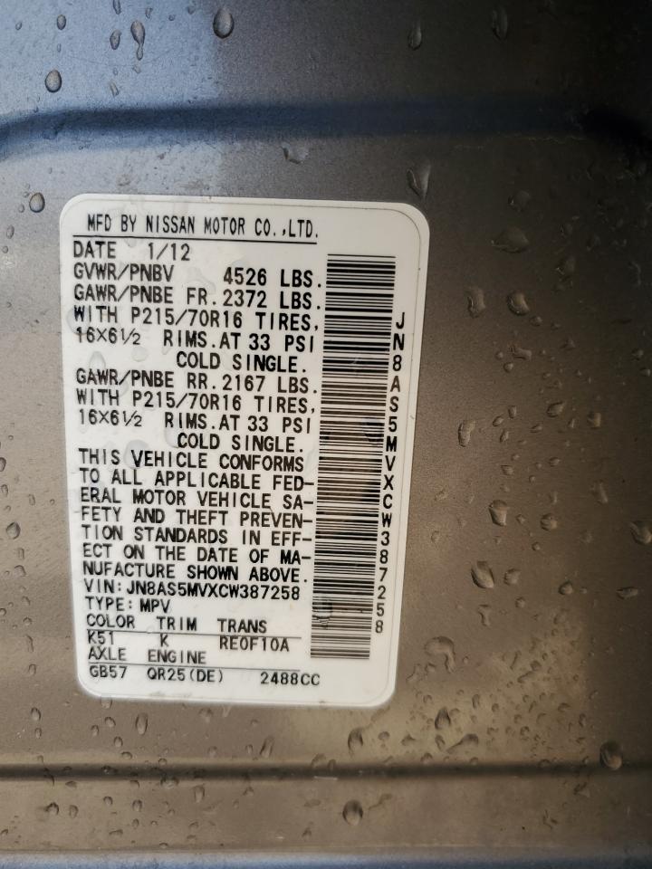 2012 Nissan Rogue S VIN: JN8AS5MVXCW387258 Lot: 80616925