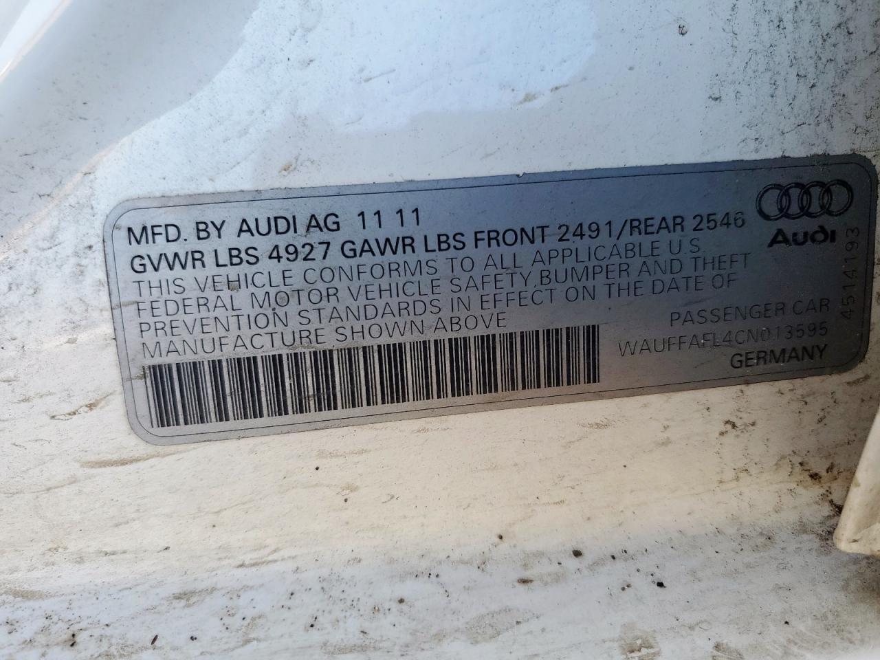 2012 Audi A4 Premium Plus VIN: WAUFFAFL4CN013595 Lot: 71217035