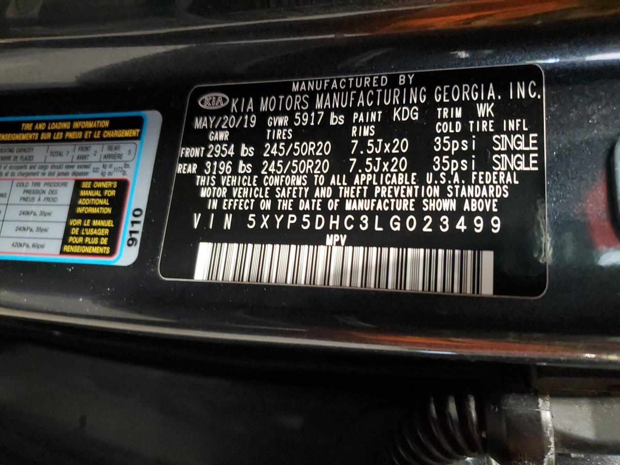 2020 Kia Telluride Sx VIN: 5XYP5DHC3LG023499 Lot: 80017485