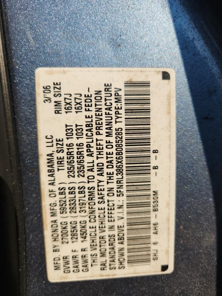 2006 Honda Odyssey Exl VIN: 5FNRL386X6B085285 Lot: 72025545