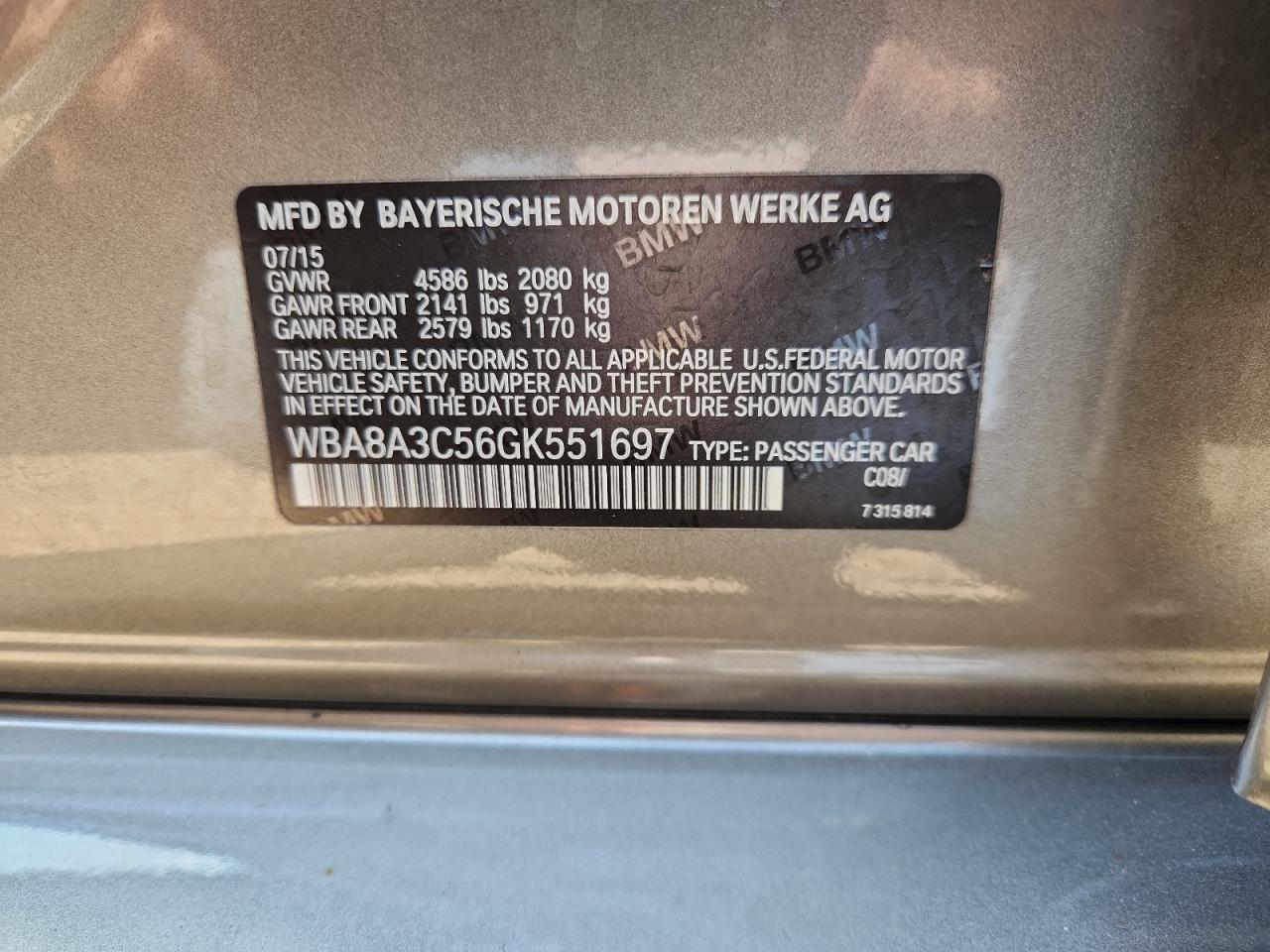 2016 BMW 320 Xi VIN: WBA8A3C56GK551697 Lot: 71950655