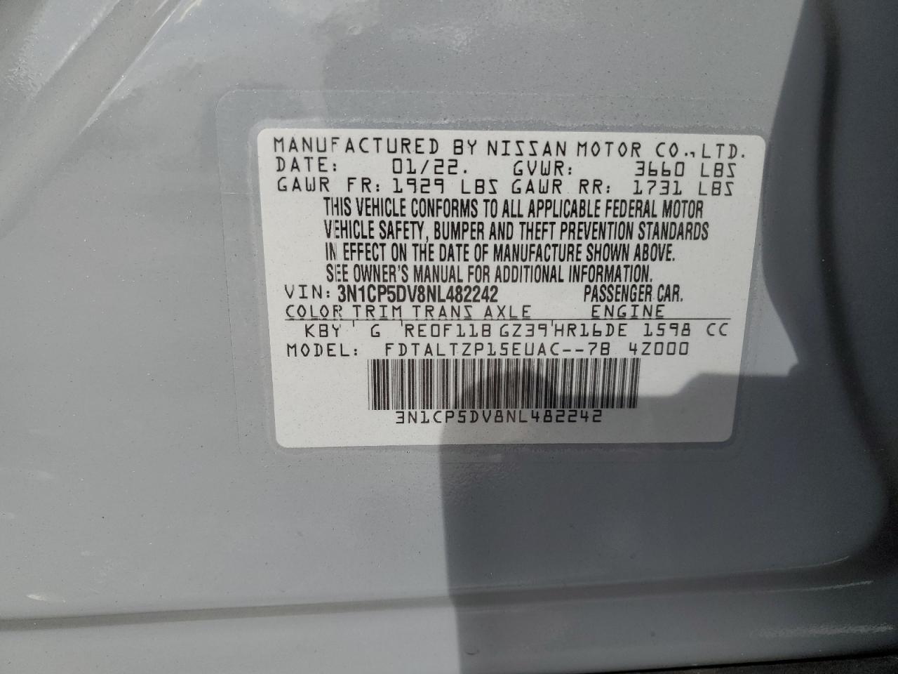 2022 Nissan Kicks Sr VIN: 3N1CP5DV8NL482242 Lot: 81755995