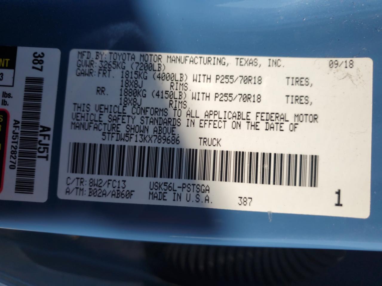 2019 Toyota Tundra Crewmax Sr5 VIN: 5TFDW5F13KX789686 Lot: 71045115