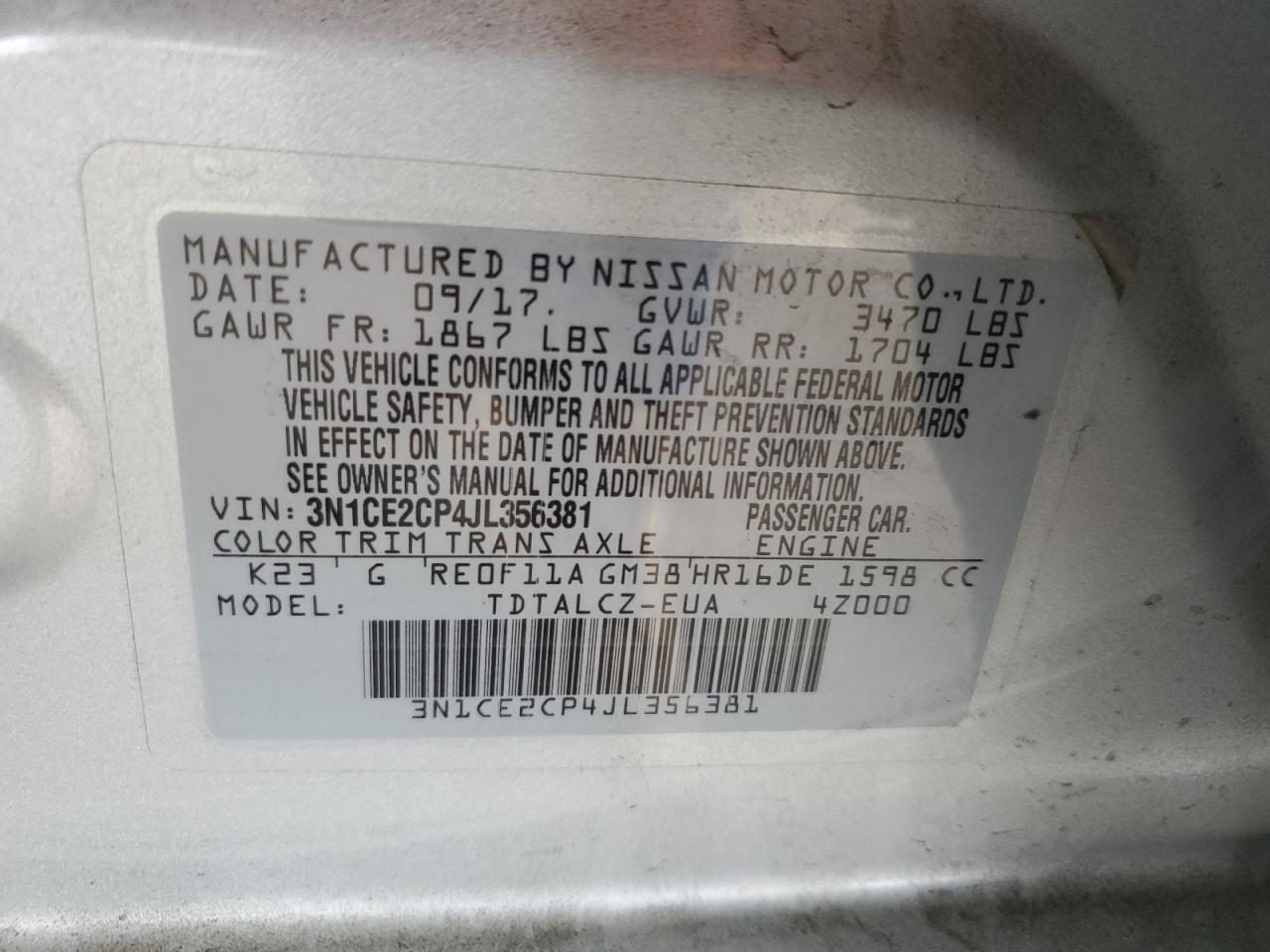2018 Nissan Versa Note S VIN: 3N1CE2CP4JL356381 Lot: 81973205