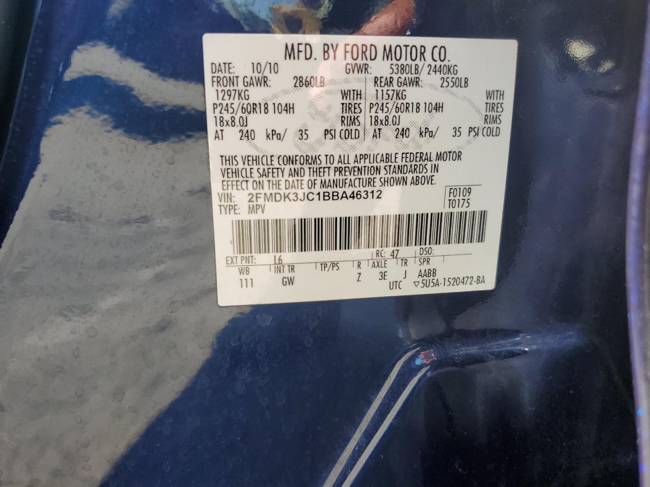 2011 Ford Edge Sel VIN: 2FMDK3JC1BBA46312 Lot: 80479615