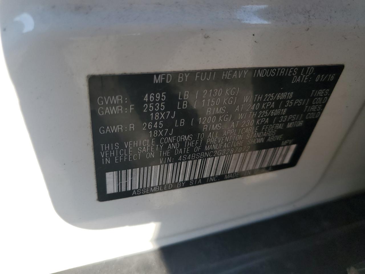 2016 Subaru Outback 2.5I Limited VIN: 4S4BSBNC2G3287072 Lot: 81338365