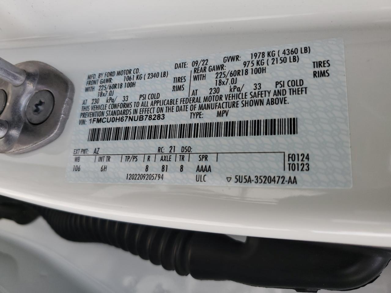 2022 Ford Escape Sel VIN: 1FMCU0H67NUB78283 Lot: 83783685